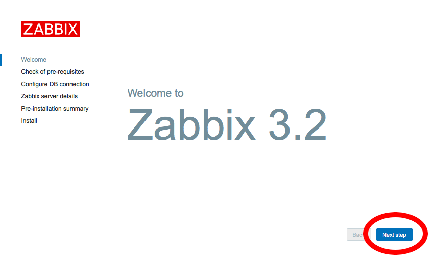 Zabbix初期設定のトップ画面