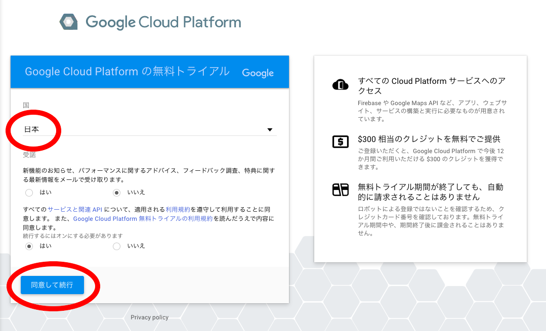 Google Cloud Platform の無料トライアルの登録画面