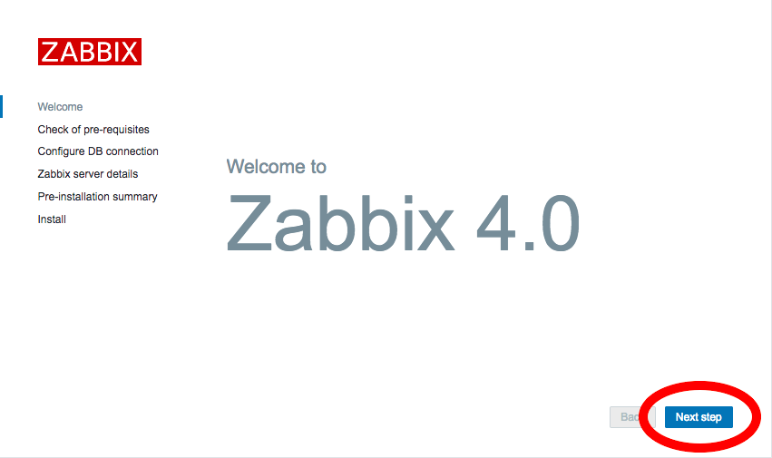 Zabbix初期設定のトップ画面