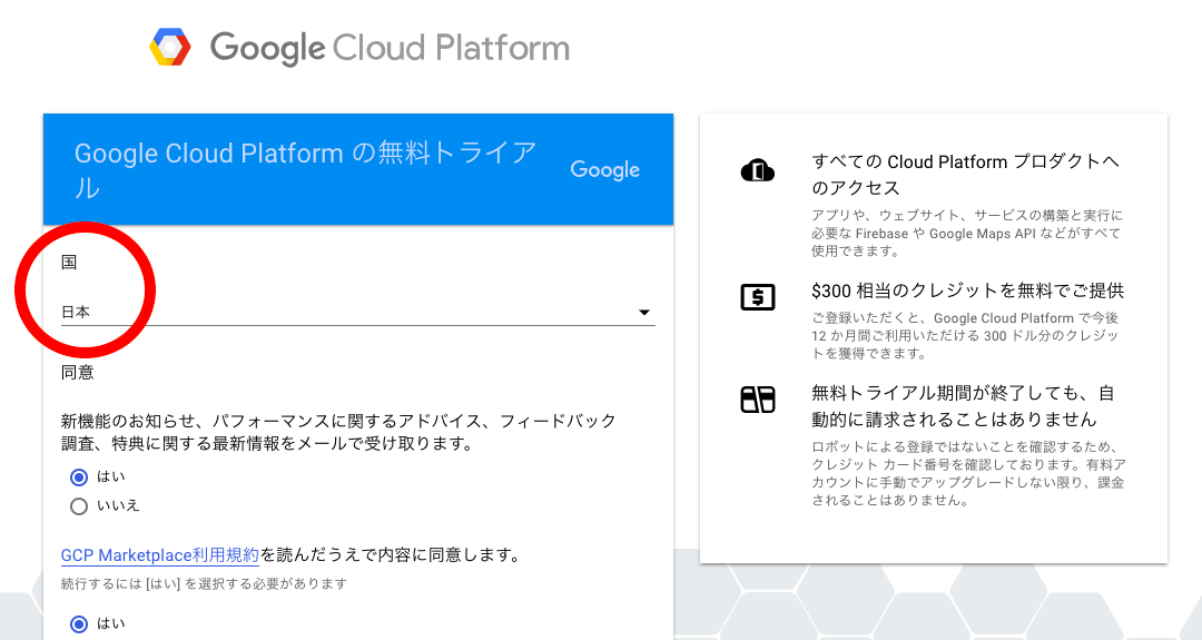 Google Cloud Platform の無料トライアルの登録画面